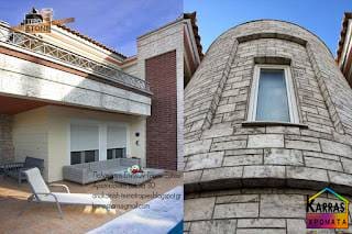 Κτήριο με Εύκαμπτη τεχνητή πέτρα ΛΕΥΚΗ ΓΚΡΙ σχέδιο πλάκα Tepostone 2 πλευρές και μοντέρνα αρχιτεκτονική.